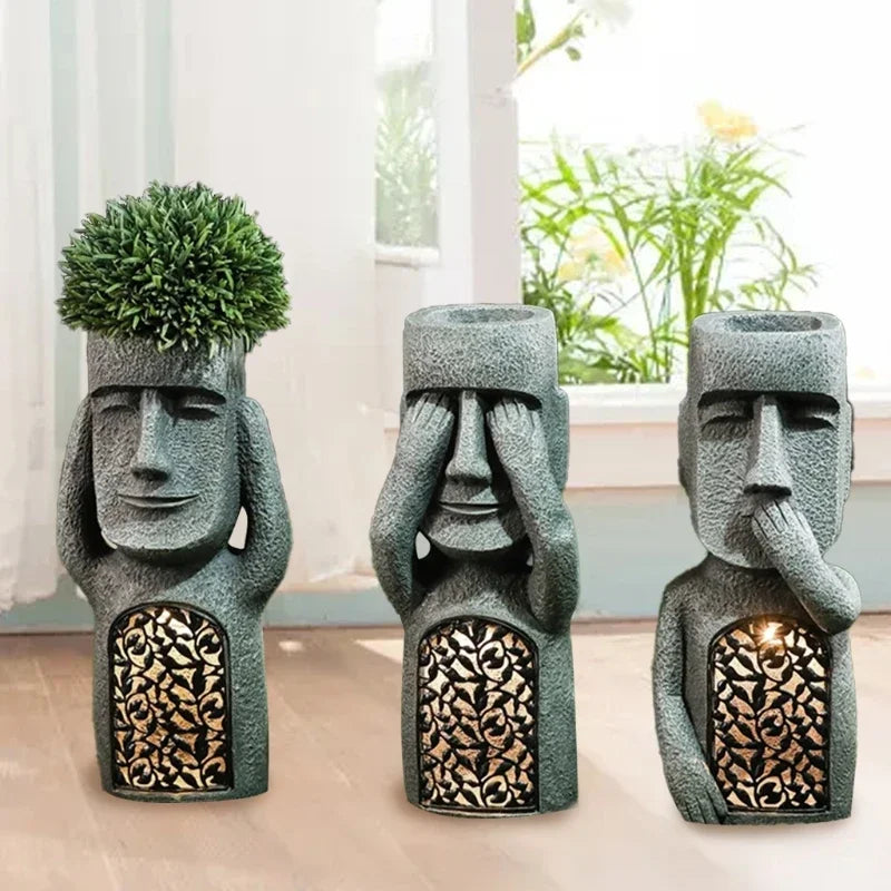 MEELANO MoaiGlow Påskeø-plantestatue med LED-lys