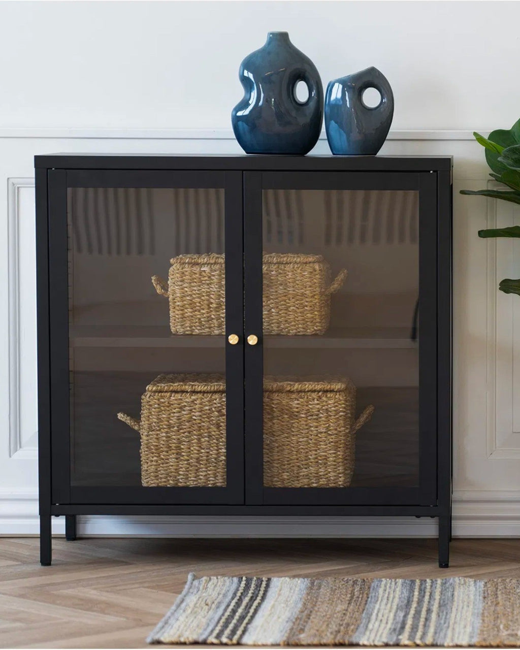 MEELANO Moderne Opbevaringsskab i Sort Stål med Glastøre – 80x35x80 cm