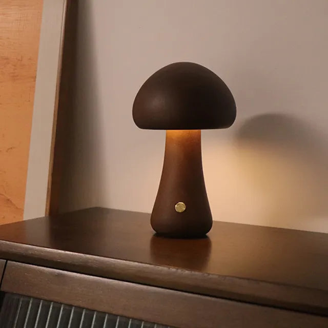MEELANO Mushglow Trådløs Svampelampe – Justerbar LED Bordlampe i Trædesign Valnød