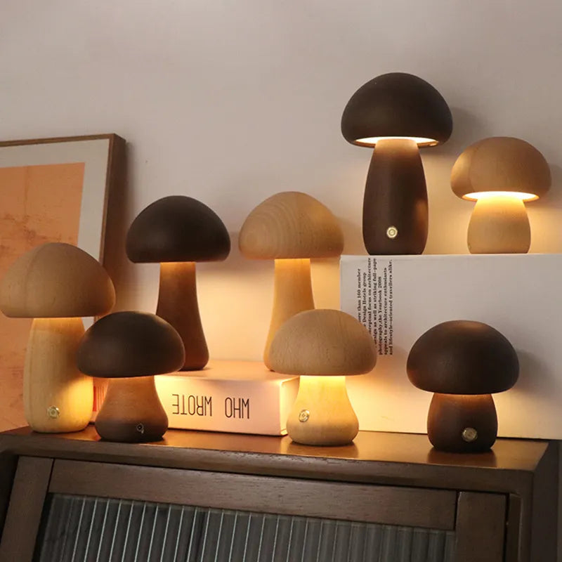 MEELANO Mushglow Trådløs Svampelampe – Justerbar LED Bordlampe i Trædesign