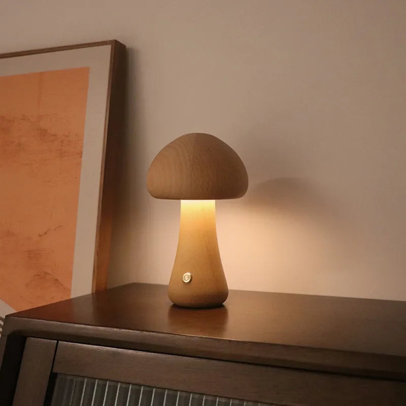 MEELANO Mushglow Trådløs Svampelampe – Justerbar LED Bordlampe i Trædesign