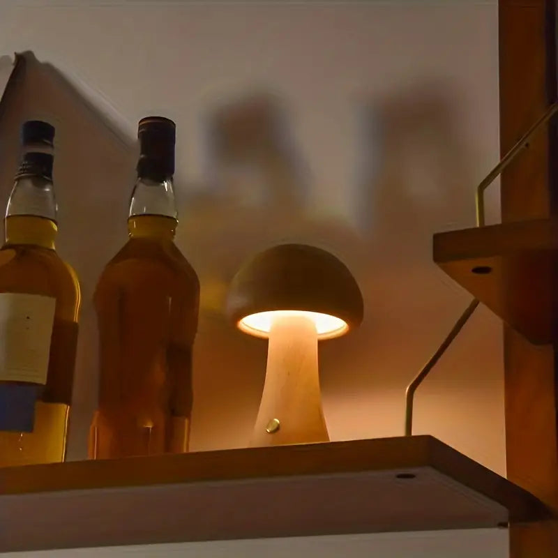 MEELANO Mushglow Trådløs Svampelampe – Justerbar LED Bordlampe i Trædesign
