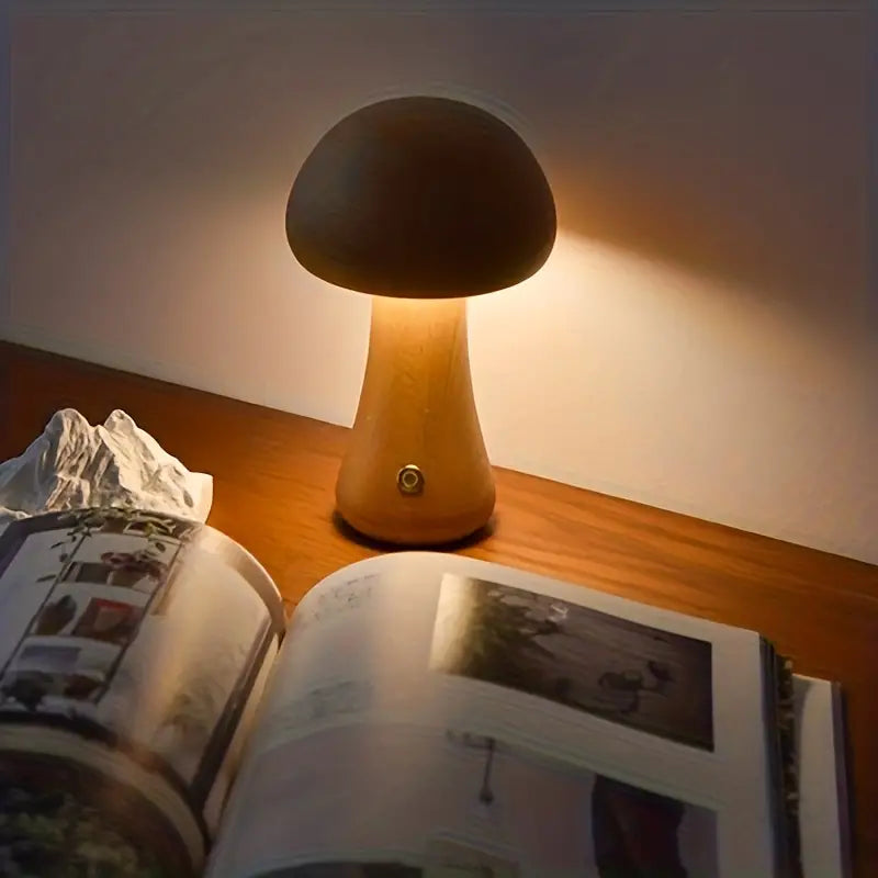 MEELANO Mushglow Trådløs Svampelampe – Justerbar LED Bordlampe i Trædesign