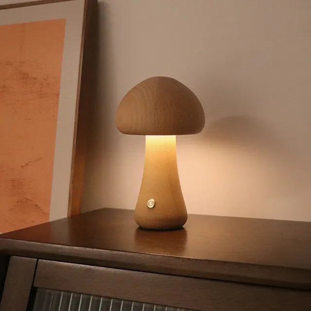 MEELANO Mushglow Trådløs Svampelampe – Justerbar LED Bordlampe i Trædesign