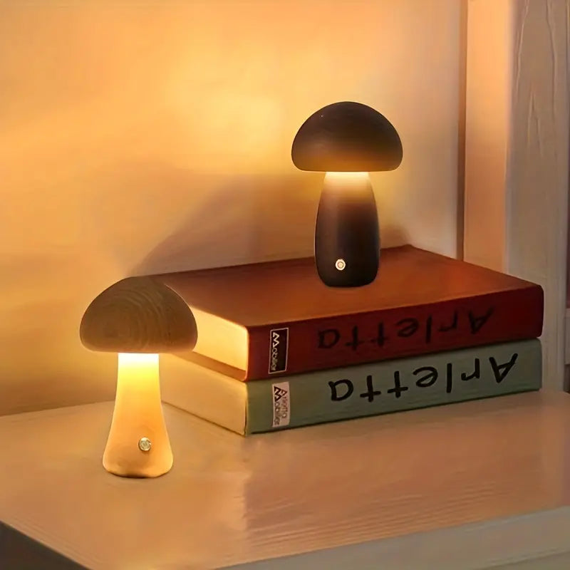 MEELANO Mushglow Trådløs Svampelampe – Justerbar LED Bordlampe i Trædesign