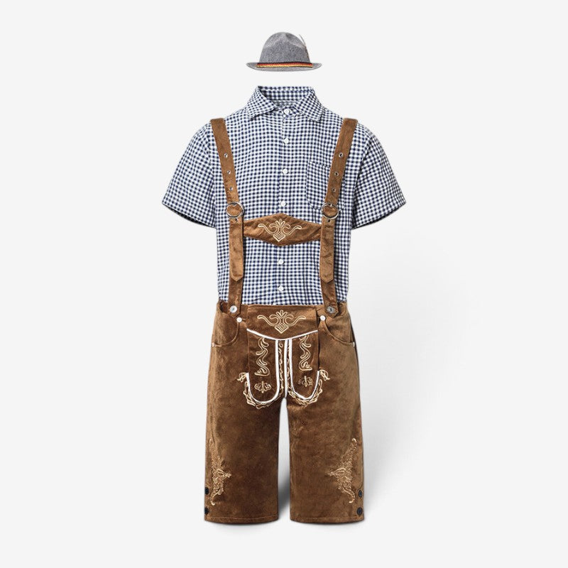 MEELANO Bayersk kostumesæt til mænd med lederhosen og skjorte 82353 (sort top + brune bukser med seler + grå hat)