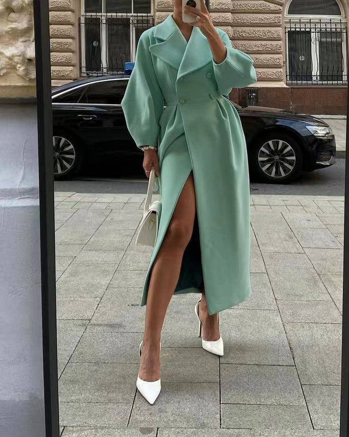 MEELANO Dame Elegant Lang Vinterjakke Med Reverskrave Til Stilfuld Udtryk Grøn