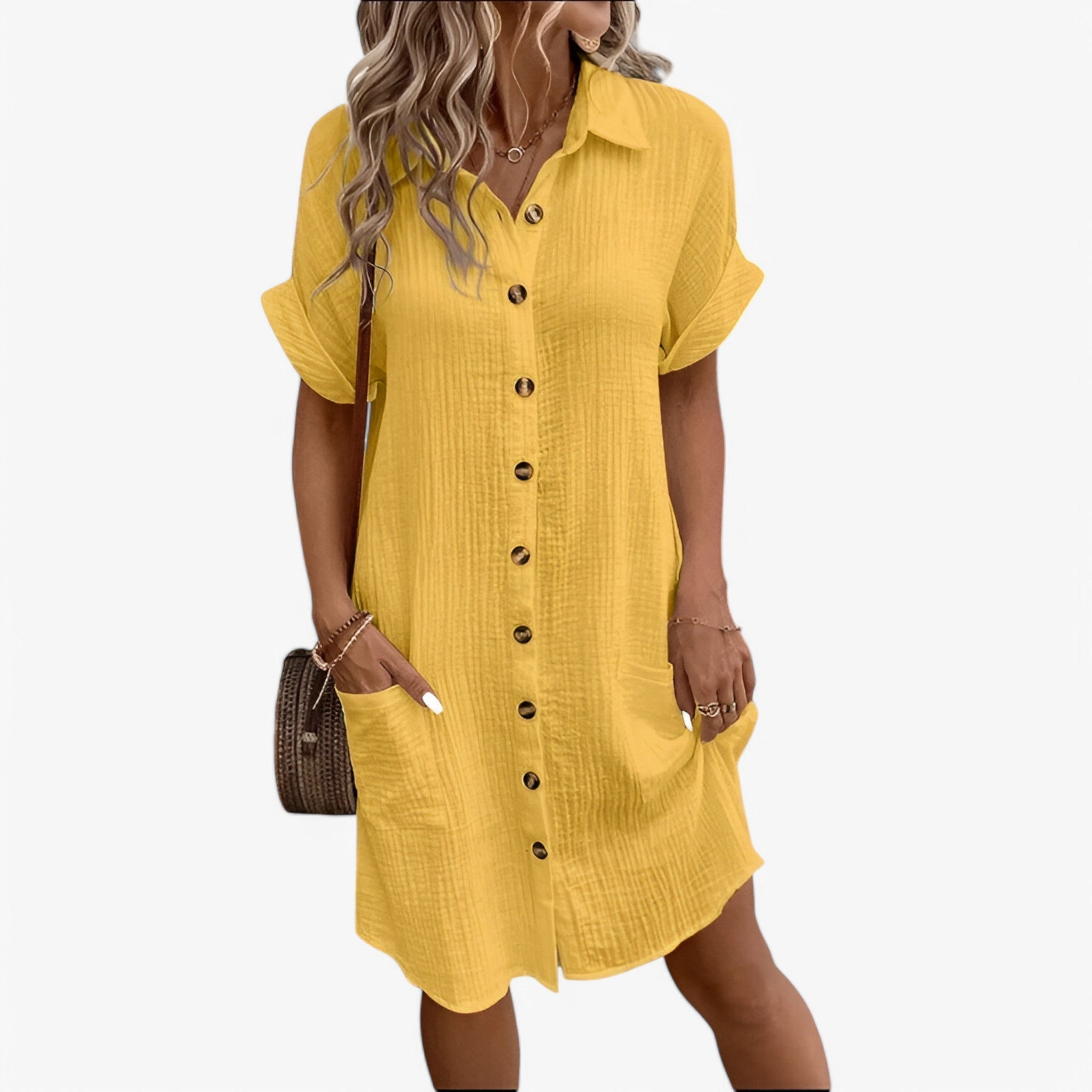 MEELANO Olivia Sommerkjole – Elegant Stofblanding med Komfort & Stil Gul