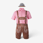 MEELANO Bayersk kostumesæt til mænd med lederhosen og skjorte 82352 (rød top + brune bukser med seler + grå hat)