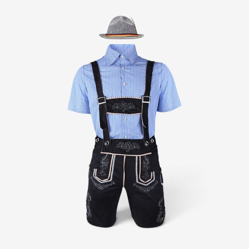 MEELANO Bayersk kostumesæt til mænd med lederhosen og skjorte 82352 (blå top + sorte bukser med seler + grå hat)