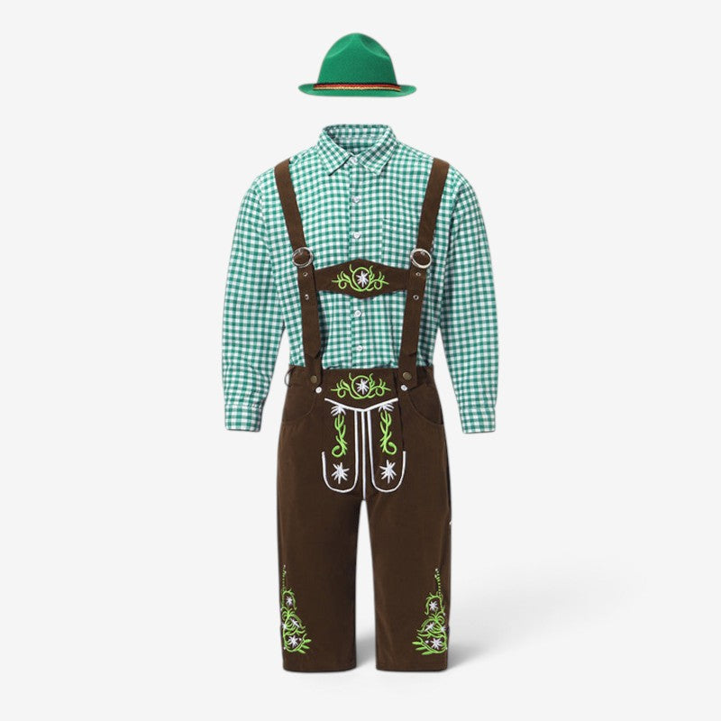 MEELANO Bayersk kostumesæt til mænd med lederhosen og skjorte 82349 (grøn langærmet top + brune bukser med seler + grøn hat)