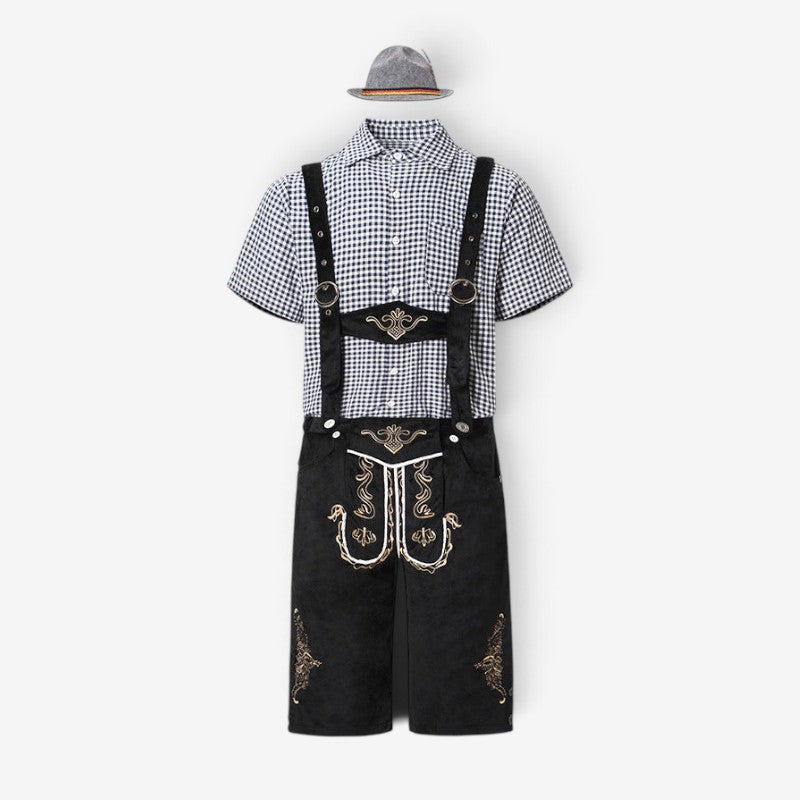 MEELANO Bayersk kostumesæt til mænd med lederhosen og skjorte 82353 Sort (sort top + sorte bukser med seler + grå hat)