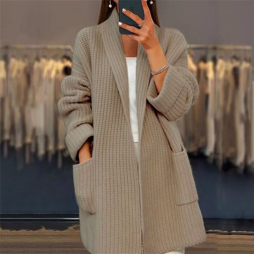 MEELANO Dame Oversized Strikcardigan - Lang, Elegant Med Lommer Khaki