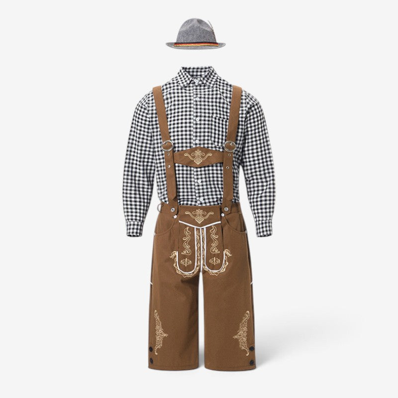 MEELANO Bayersk kostumesæt til mænd med lederhosen og skjorte 82346 (sort langærmet top + kaffebrune bukser med seler + grå hat)