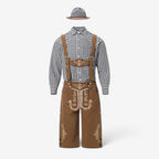 MEELANO Bayersk kostumesæt til mænd med lederhosen og skjorte 82346 (sort langærmet top + kaffebrune bukser med seler + grå hat)