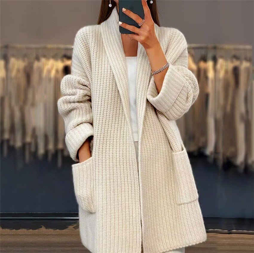 MEELANO Dame Oversized Strikcardigan - Lang, Elegant Med Lommer Abrikose