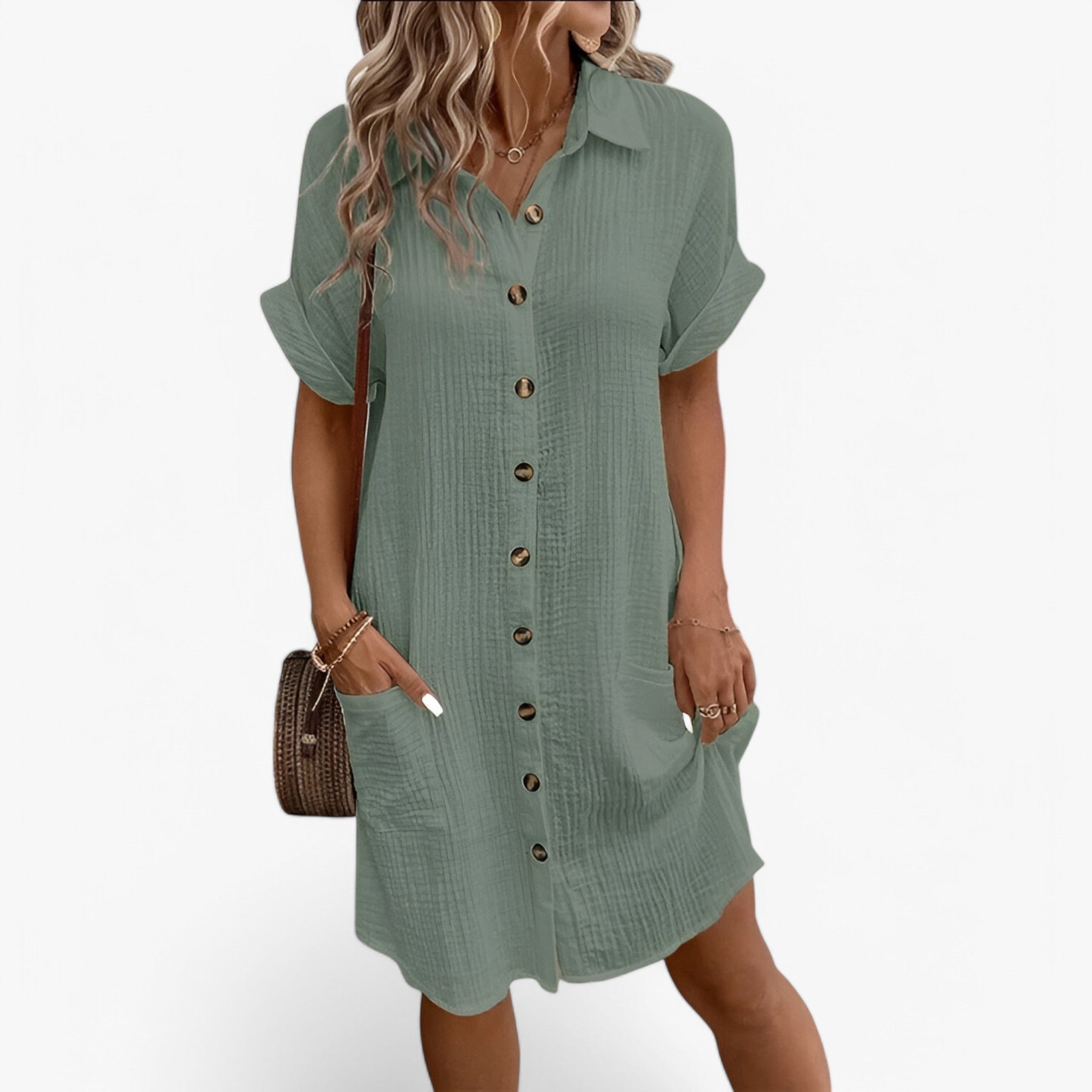 MEELANO Olivia Sommerkjole – Elegant Stofblanding med Komfort & Stil Oliven grøn