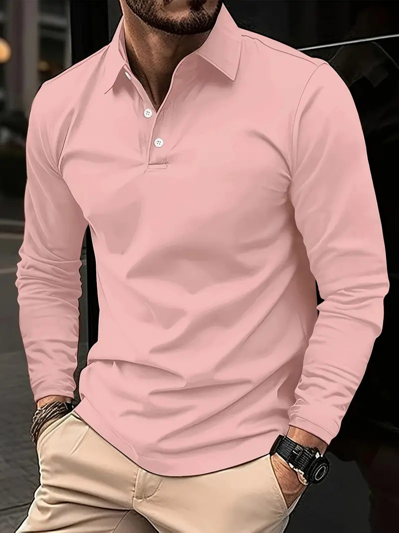 MEELANO Hermosa | Herre Langærmet Poloshirt med Knapper - Klassisk Bomulds Polo-Sweatshirt Pink
