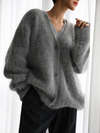 MEELANO Løs Og Elegant Cardigan Med Knapper Ultrabløde Mohaircardigan Dyb V-hals Mørkegrå