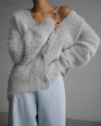 MEELANO Løs Og Elegant Cardigan Med Knapper Ultrabløde Mohaircardigan Dyb V-hals Grå