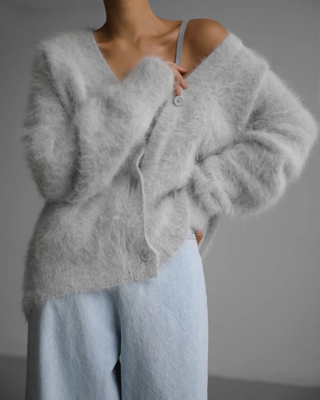 MEELANO Løs Og Elegant Cardigan Med Knapper Ultrabløde Mohaircardigan Dyb V-hals Grå