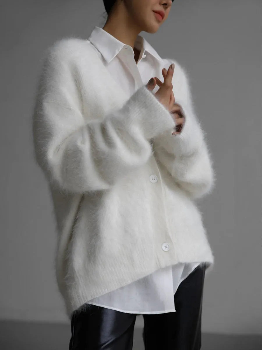 MEELANO Løs Og Elegant Cardigan Med Knapper Ultrabløde Mohaircardigan Dyb V-hals Hvid