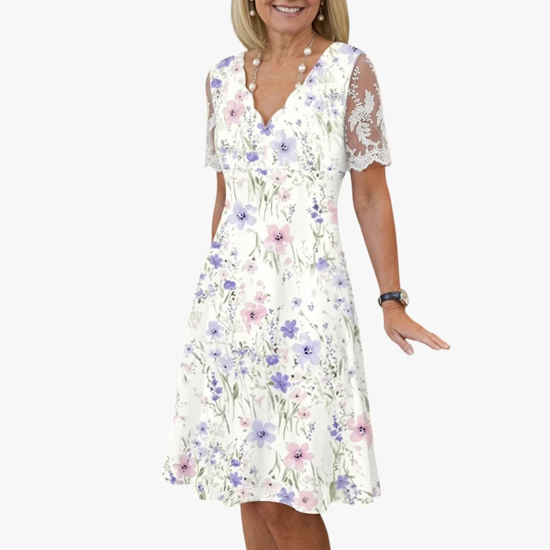 MEELANO Zahara | Dame Blomstret Midi Sommerkjole med Blondekanter - Korte Ærmer & V-Hals