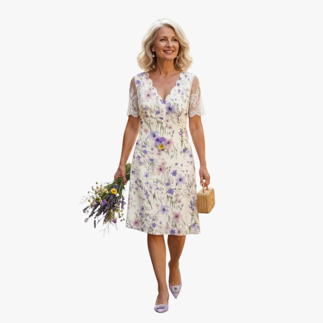 MEELANO Zahara | Dame Blomstret Midi Sommerkjole med Blondekanter - Korte Ærmer & V-Hals