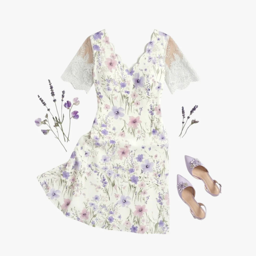 MEELANO Zahara | Dame Blomstret Midi Sommerkjole med Blondekanter - Korte Ærmer & V-Hals