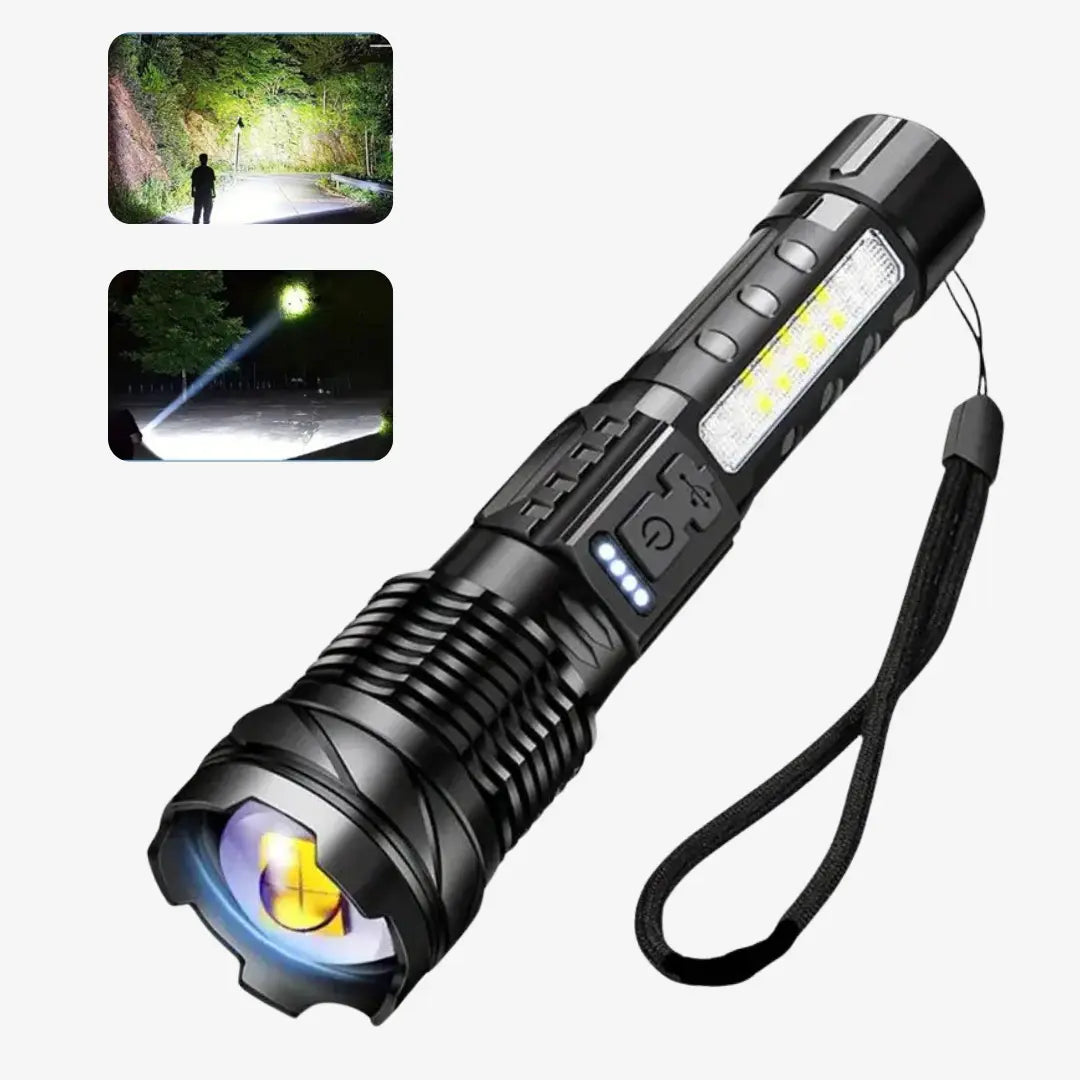 MEELANO Ultralys Militær Lommelygte – Genopladelig LED Lommelygte med XHP50, 7 Lystilstande, Aluminium, til Camping & Nødsituationer – PowerBeam
