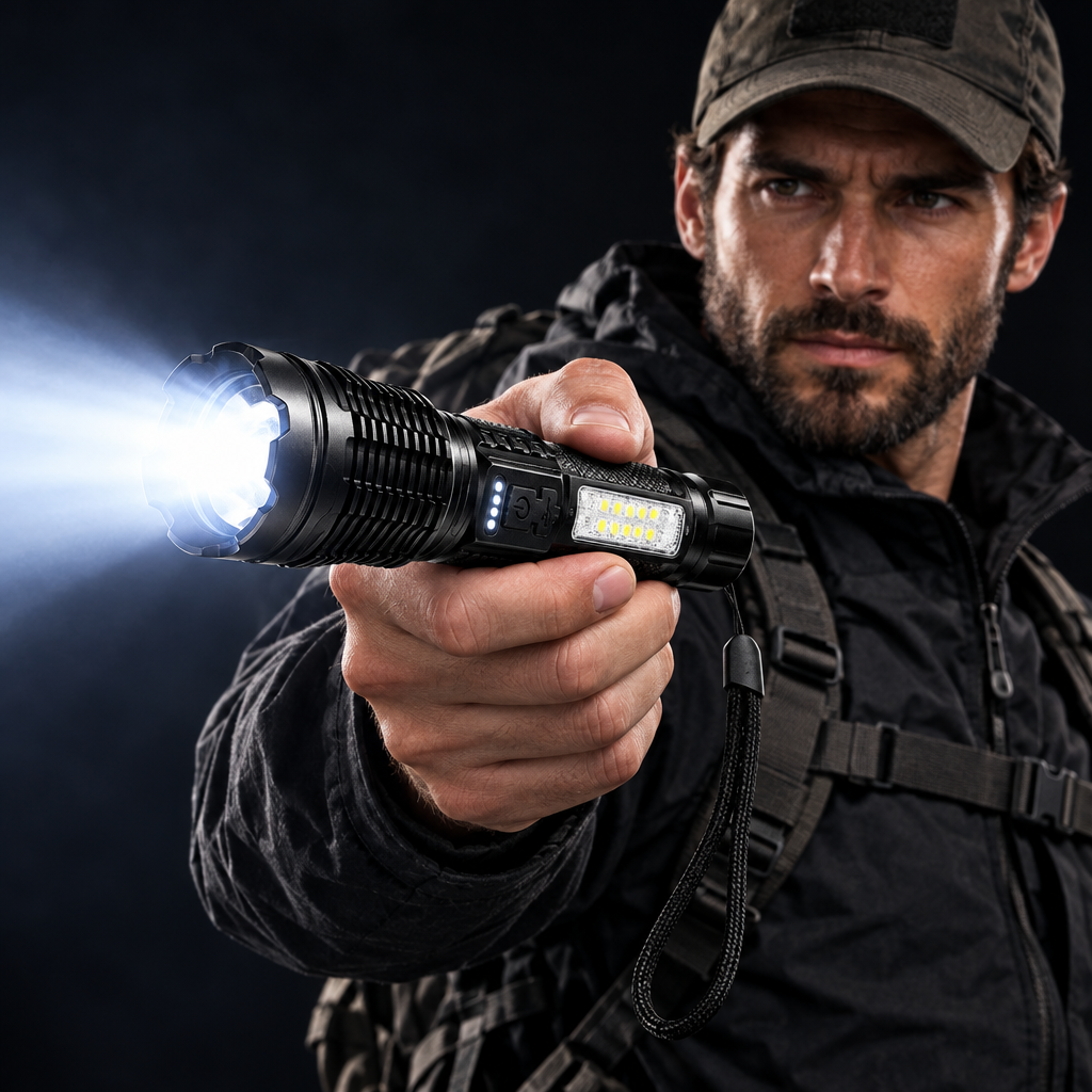 MEELANO Ultralys Militær Lommelygte – Genopladelig LED Lommelygte med XHP50, 7 Lystilstande, Aluminium, til Camping & Nødsituationer – PowerBeam