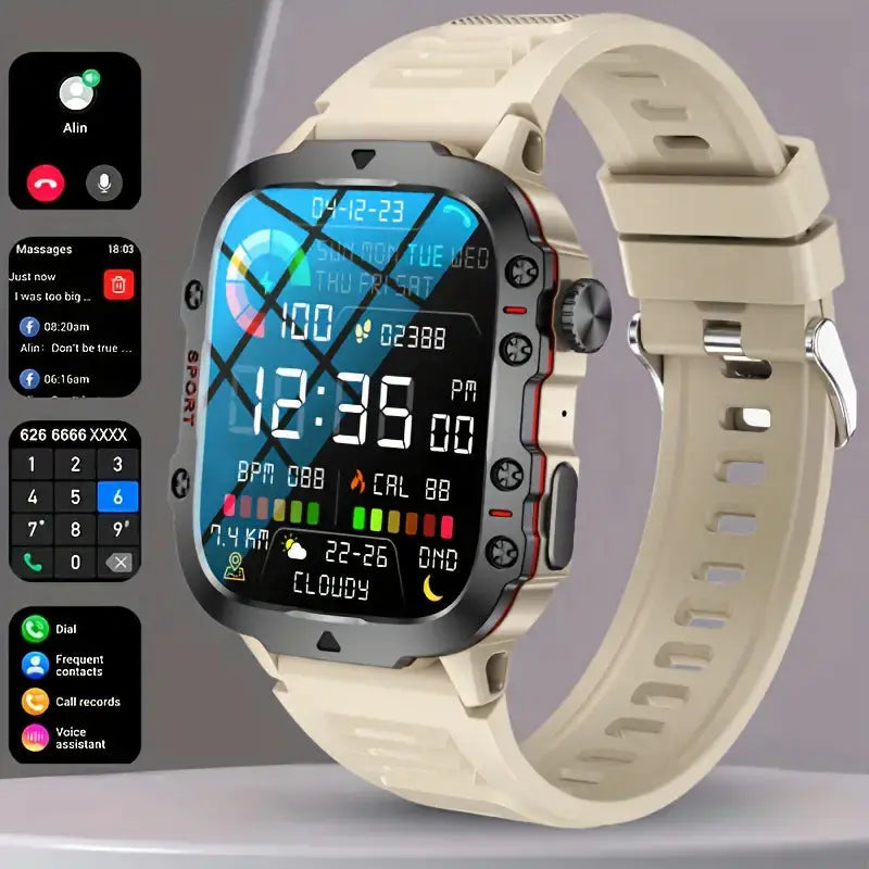 MEELANO Vandtæt Outdoor-Smartwatch – Robust Ur med Opkald, Søvn & Aktivitetssporing, Op til 10 Dages Batteri – TrailMate Silikone beige