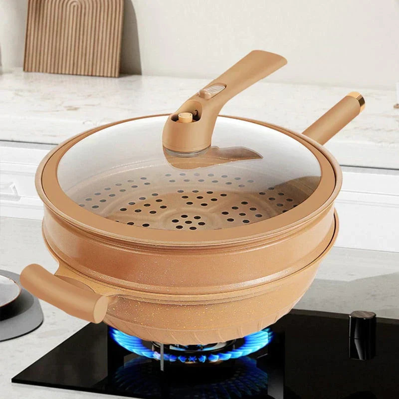MEELANO Wok med Slip-let Belægning og Dampindsats – Multifunktionel Wokpande 30 cm til Wokning, Dampning & Simring