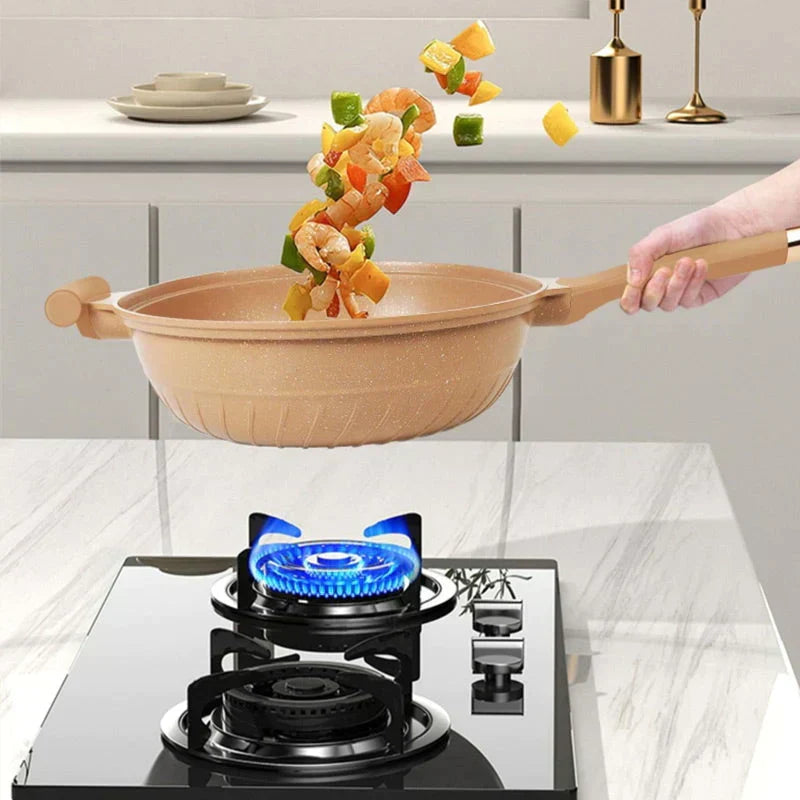 MEELANO Wok med Slip-let Belægning og Dampindsats – Multifunktionel Wokpande 30 cm til Wokning, Dampning & Simring