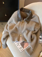 MEELANO Patchwork Lynlås Cardigan Dame Tyk Efterårsstrikket Sweater Kort Strikfrakke GRÅ