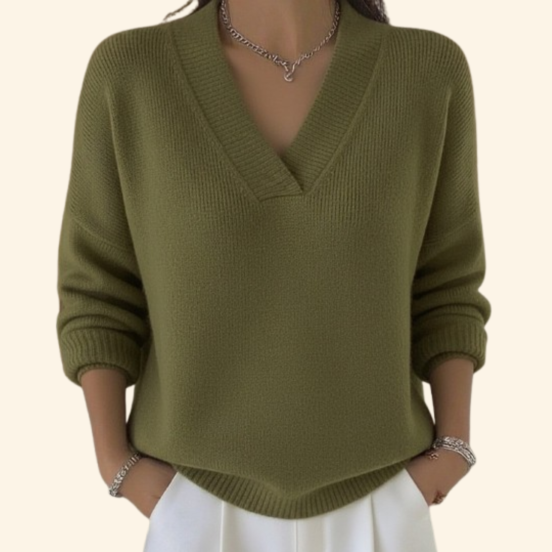 MEELANO Dame Sweater Løs Pasform & Tidløs – Blød Striktrøje med V-hals, Oversize Sweater, 5 Farver, S–3XL – Bersh Grøn