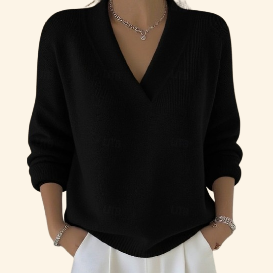 MEELANO Dame Sweater Løs Pasform & Tidløs – Blød Striktrøje med V-hals, Oversize Sweater, 5 Farver, S–3XL – Bersh Sort