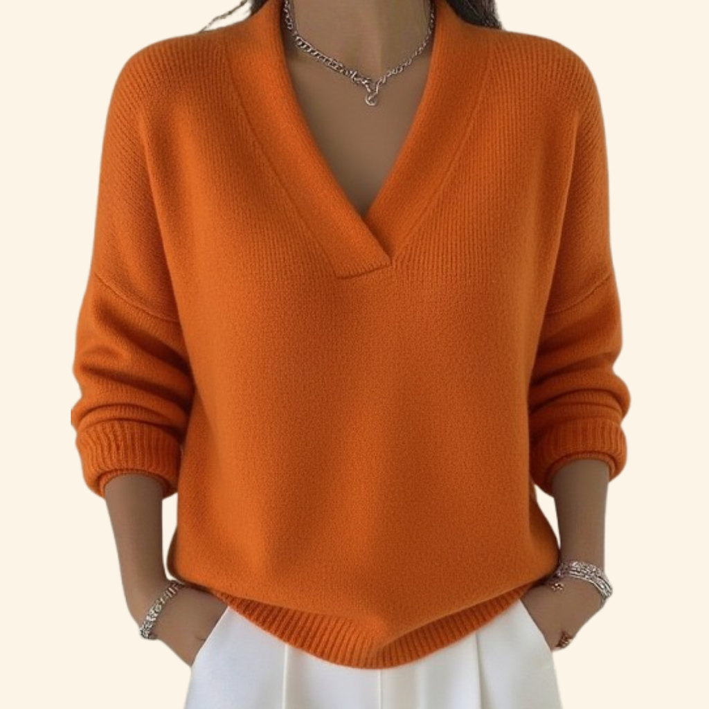 MEELANO Dame Sweater Løs Pasform & Tidløs – Blød Striktrøje med V-hals, Oversize Sweater, 5 Farver, S–3XL – Bersh Orange