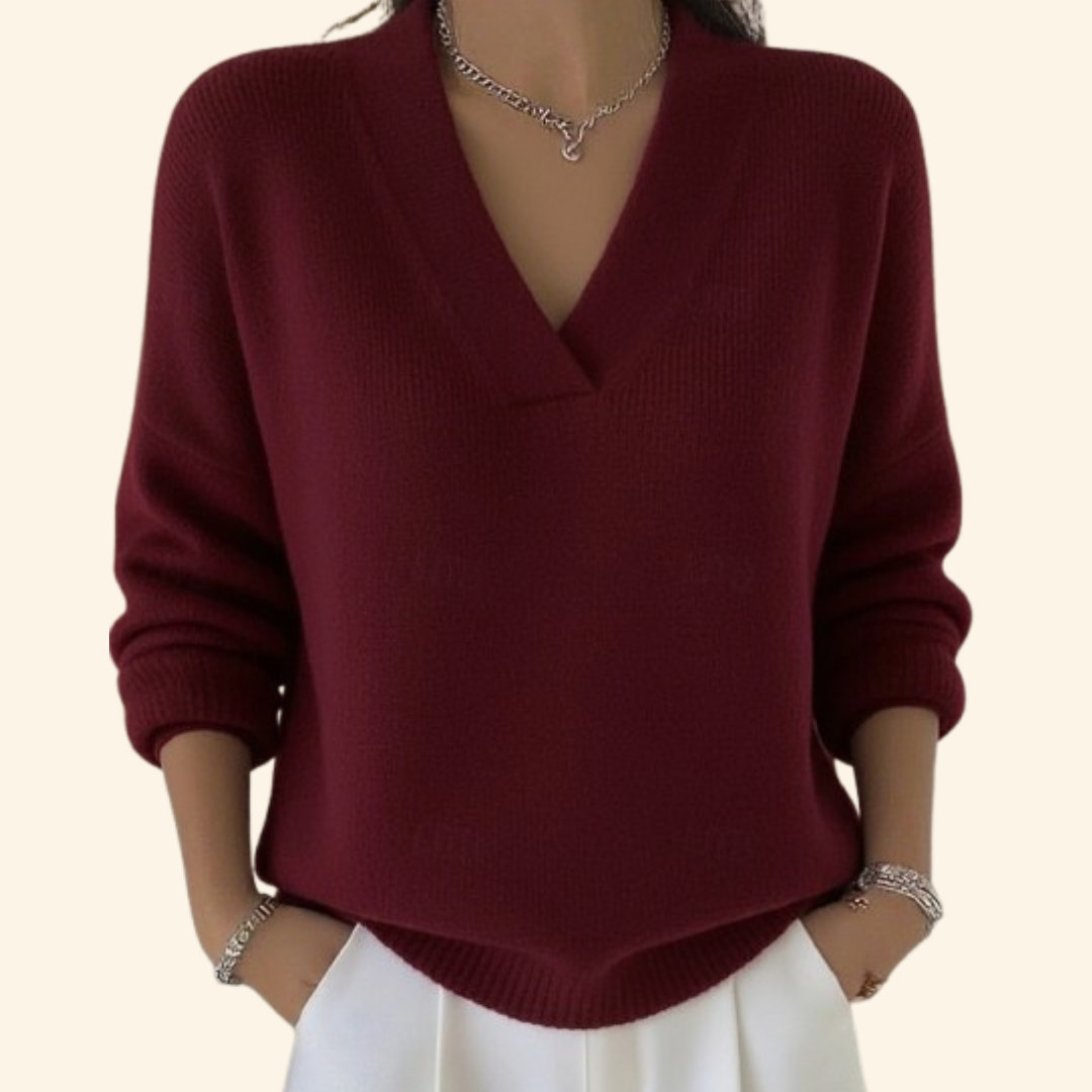 MEELANO Dame Sweater Løs Pasform & Tidløs – Blød Striktrøje med V-hals, Oversize Sweater, 5 Farver, S–3XL – Bersh Rød
