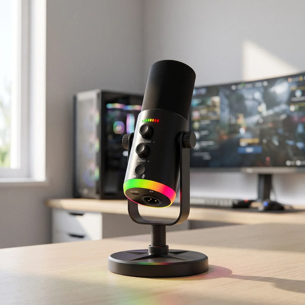 MEELANO RGB Dynamisk Gaming-mikrofon – USB-C & XLR Bordmikrofon til Streaming & Podcast med Ekko, Monitorering – AuraMic
