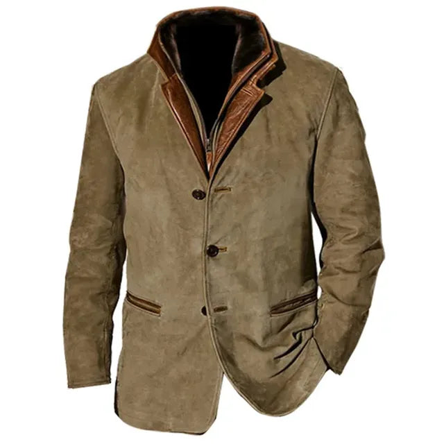 MEELANO Zipari | Herre Læderjakke i Ægte Læder med Knapper - Klassisk Læderblazer & Læderfrakke Khaki