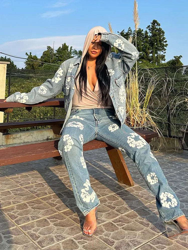 MEELANO Retro Denim Paroutfit – Jakke og Bukser Sæt med Kapok-mønster