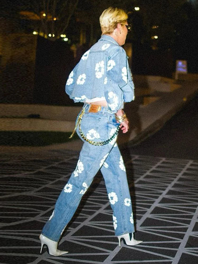 MEELANO Retro Denim Paroutfit – Jakke og Bukser Sæt med Kapok-mønster