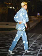 MEELANO Retro Denim Paroutfit – Jakke og Bukser Sæt med Kapok-mønster