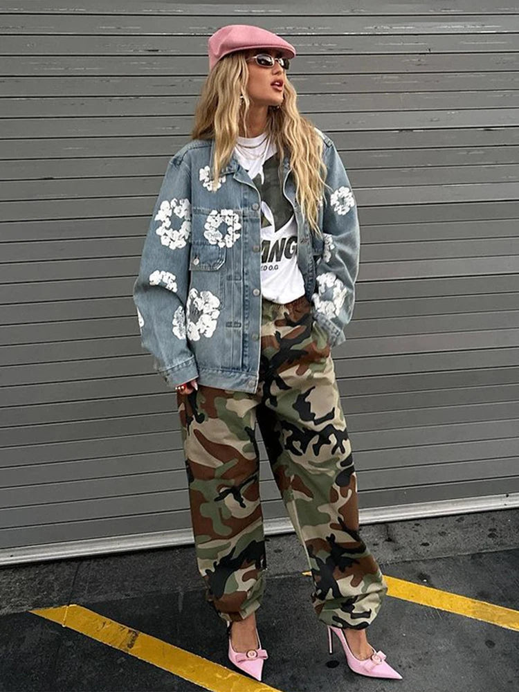 MEELANO Retro Denim Paroutfit – Jakke og Bukser Sæt med Kapok-mønster