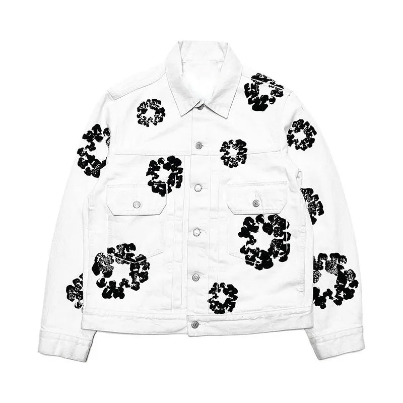 MEELANO Retro Denim Paroutfit – Jakke og Bukser Sæt med Kapok-mønster Hvid top