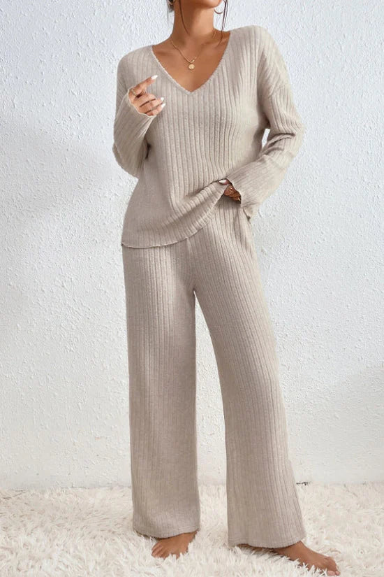 MEELANO Ribbet Loungewear-sæt til Kvinder – Blød Tekstur & Todelt Sæt Beige
