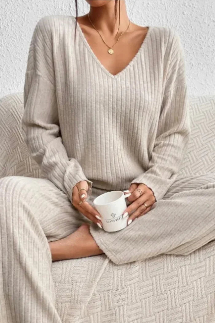 MEELANO Ribbet Loungewear-sæt til Kvinder – Blød Tekstur & Todelt Sæt