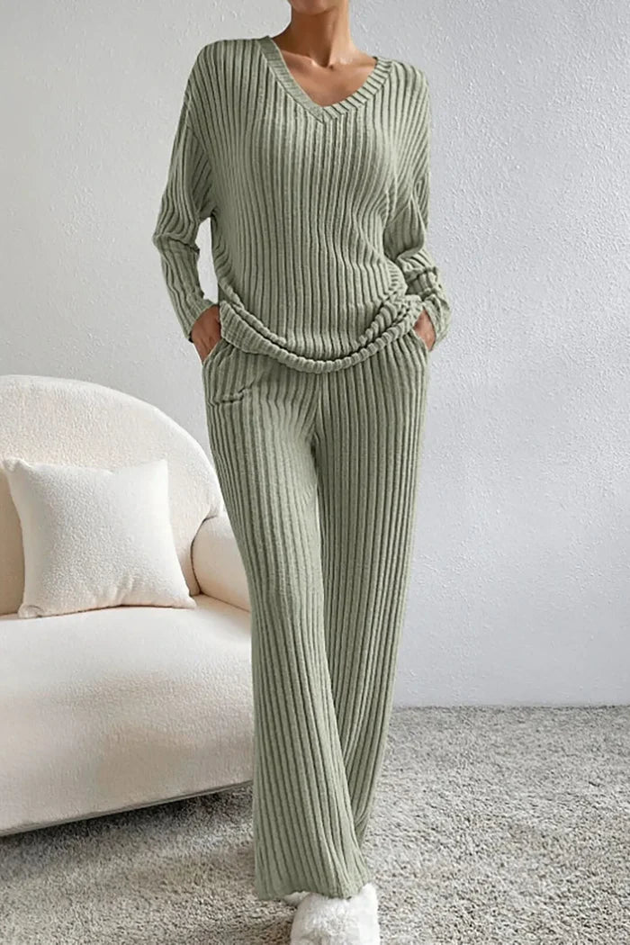 MEELANO Ribbet Loungewear-sæt til Kvinder – Blød Tekstur & Todelt Sæt Olivengrøn