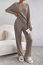 MEELANO Ribbet Loungewear-sæt til Kvinder – Blød Tekstur & Todelt Sæt Grå